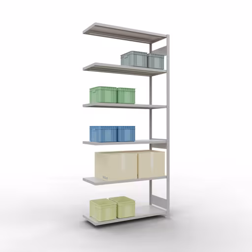 Abbildung Nr 12 des Artikels Anbauregal, Fachbodenregal Stecksystem MULTIplus250, 3000 x 1300 x 500 mm (HxBxT), 7 Fachböden, Längenriegel, RAL 7035 lichtgrau aus der Produktgruppe Stecksystem von der Marke Schulte Lagertechnik