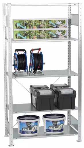 Produktbild Nr.8 des Artikels Grundregal, Fachbodenregal Stecksystem MULTIplus150, 2000 x 1000 x 500 mm (HxBxT), 5 Fachböden, Kreuzstrebe, verzinkt - Expressline aus der Produktreihe Stecksystem von der Marke Schulte Lagertechnik