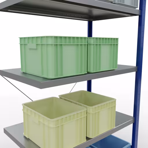 Zusatzbild des Artikels Anbauregal, Fachbodenregal Stecksystem MULTIplus250, 2000 x 1000 x 600 mm (HxBxT), 5 Fachböden, Kreuzstrebe, RAL 5010 enzianblau/verzinkt aus Anbauregal