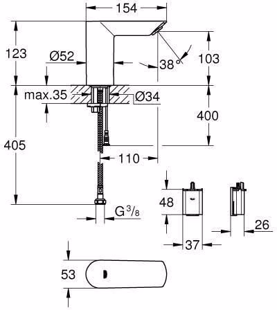 Technische Zeichnung 4060332 GROHE Waschtisch-IR-Elektronik Bau Cosmopolitan E 36452 ohne Mischung 6 Volt chrom
