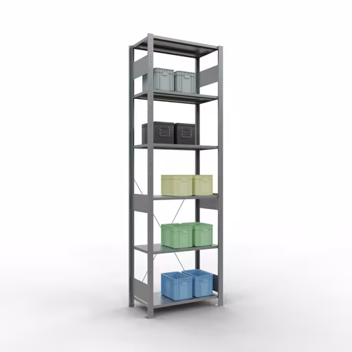 Zusatzbild des Artikels Grundregal, Fachbodenregal Stecksystem MULTIplus150, 2500 x 750 x 400 mm (HxBxT), 6 Fachböden, Kreuzstrebe, verzinkt Zusatzbild des Artikels Grundregal, Fachbodenregal Stecksystem MULTIplus150, 2500 x 750 x 400 mm (HxBxT), 6 Fachböden, Kreuzstrebe, verzinkt aus Grundregal