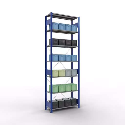 Abbildung Nr 13 des Artikels Grundregal, Fachbodenregal Stecksystem MULTIplus85, 3000 x 1000 x 400 mm (HxBxT), 7 Fachböden, Kreuzstrebe, RAL 5010 enzianblau aus der Produktgruppe Stecksystem von der Marke Schulte Lagertechnik