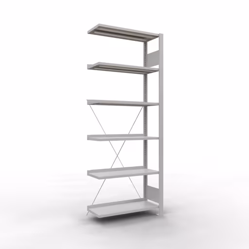 Anbauregal, Büro-Fachbodenregal Stecksystem MULTIplus85, 2000 x 750 x 300 mm (HxBxT), 6 Fachböden, Kreuzstrebe, mit Anschlagleiste, lichtgrau von der Marke Schulte Lagertechnik Anbauregal, Büro-Fachbodenregal Stecksystem MULTIplus85, 2000 x 750 x 300 mm (HxBxT), 6 Fachböden, Kreuzstrebe, mit Anschlagleiste, lichtgrau aus der Kategorie Stecksystem mit der Artikelnummer 36009