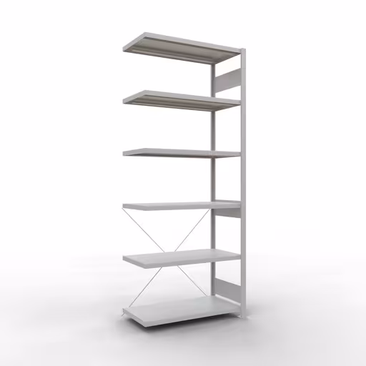 Anbauregal, Fachbodenregal Stecksystem MULTIplus250, 2500 x 1000 x 500 mm (HxBxT), 6 Fachböden, Kreuzstrebe, RAL 7035 lichtgrau aus der Kategorie Anbauregal mit der Artikelnummer 32856