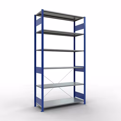 Grundregal, Fachbodenregal Stecksystem MULTIplus150, 2500 x 1300 x 500 mm (HxBxT), 6 Fachböden, Kreuzstrebe, RAL 5010 enzianblau/verzinkt aus der Kategorie Grundregal mit der Artikelnummer 12751-130-B