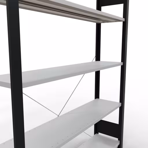 Produktbild Nr 13 des Artikels Grundregal, Büro-Fachbodenregal Stecksystem MULTIplus85, 1800 x 1300 x 300 mm (HxBxT), 5 Fachböden, Kreuzstrebe, ohne Anschlagleiste, schwarz/lichtgrau Abbildung Nr 13 des Artikels Grundregal, Büro-Fachbodenregal Stecksystem MULTIplus85, 1800 x 1300 x 300 mm (HxBxT), 5 Fachböden, Kreuzstrebe, ohne Anschlagleiste, schwarz/lichtgrau aus der Produktgruppe Büroregale von der Marke Schulte Lagertechnik