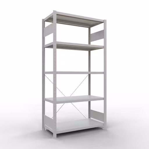 Grundregal, Fachbodenregal Stecksystem MULTIplus250, 2000 x 1000 x 500 mm (HxBxT), 5 Fachböden, Kreuzstrebe, RAL 7035 lichtgrau aus der Kategorie Grundregal mit der Artikelnummer 32850