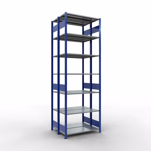 Grundregal, Doppelregal, Fachbodenregal Stecksystem MULTIplus150, 3000 x 1000 x (2x400) mm (HxBxT), 2x7 Fachböden, Längenriegel, RAL 5010 enzianblau aus der Kategorie Doppelregale mit der Artikelnummer 33142-B