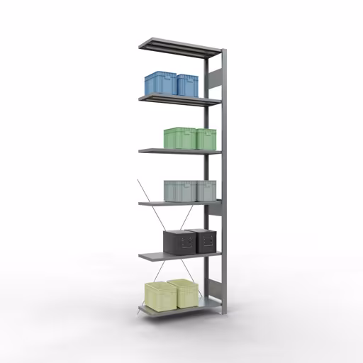 Produktbild Nr.6 des Artikels Anbauregal, Fachbodenregal Stecksystem MULTIplus150, 2500 x 750 x 300 mm (HxBxT), 6 Fachböden, Kreuzstrebe, verzinkt aus der Produktreihe Stecksystem von der Marke Schulte Lagertechnik
