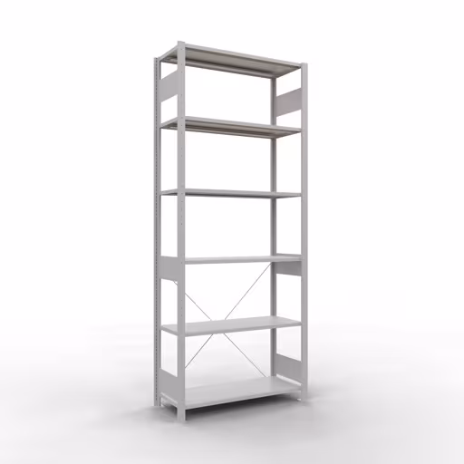 Grundregal, Fachbodenregal Stecksystem MULTIplus85, 2500 x 1000 x 400 mm (HxBxT), 6 Fachböden, Kreuzstrebe, RAL 7035 lichtgrau aus der Kategorie Grundregal mit der Artikelnummer 33041