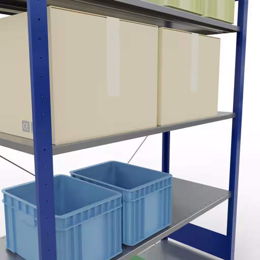 Zusatzbild des Artikels Grundregal, Fachbodenregal Stecksystem MULTIplus150, 2000 x 1300 x 500 mm (HxBxT), 5 Fachböden, Kreuzstrebe, RAL 5010 enzianblau/verzinkt aus Grundregal