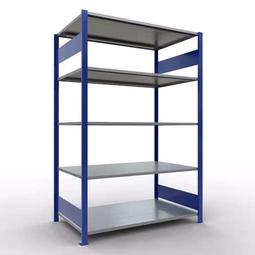 Grundregal, Fachbodenregal Stecksystem MULTIplus150, 2000 x 1300 x 800 mm (HxBxT), 5 Fachböden, Längenriegel, RAL 5010 enzianblau/verzinkt aus der Kategorie Grundregal mit der Artikelnummer 12780-130-LR-B