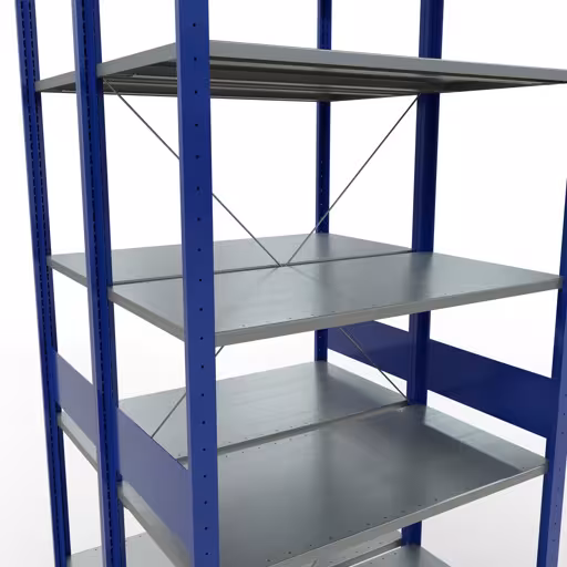 Grundregal, Doppelregal, Fachbodenregal Stecksystem MULTIplus150, 3000 x 1000 x (2x1000) mm (HxBxT), 2x7 Fachböden, Kreuzstrebe, RAL 5010 enzianblau von Schulte Lagertechnik aus der Kategorie Fachbodenregale