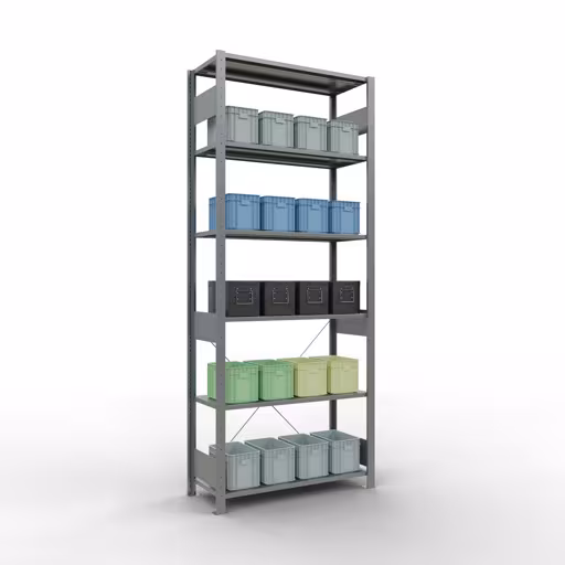 Abbildung Nr 7 des Artikels Grundregal, Fachbodenregal Stecksystem MULTIplus150, 2500 x 1000 x 400 mm (HxBxT), 6 Fachböden, Kreuzstrebe, verzinkt aus der Produktgruppe Stecksystem von der Marke Schulte Lagertechnik