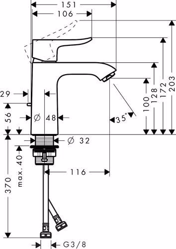 Technische Zeichnung 4076677 Hansgrohe Einhebel-Waschtischmischer METRIS 110 Nennweite 15 ComfortZone 110 mit Zugstangen-Ablaufgarnitur G 1 1/4 Zoll chrom