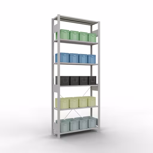 Abbildung Nr 15 des Artikels Grundregal, Fachbodenregal Stecksystem MULTIplus85, 2500 x 1000 x 300 mm (HxBxT), 6 Fachböden, Kreuzstrebe, RAL 7035 lichtgrau aus der Produktgruppe Stecksystem von der Marke Schulte Lagertechnik