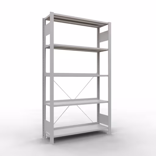 Grundregal, Büro-Fachbodenregal Stecksystem MULTIplus85, 1800 x 1000 x 300 mm (HxBxT), 5 Fachböden, Kreuzstrebe, mit Anschlagleiste, lichtgrau aus der Kategorie Stecksystem mit der Artikelnummer 36001