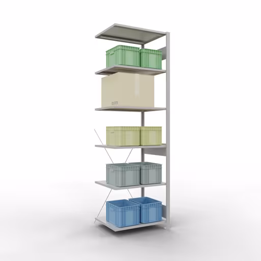 Zusatzbild des Artikels Anbauregal, Fachbodenregal Stecksystem MULTIplus150, 2500 x 750 x 600 mm (HxBxT), 6 Fachböden, Kreuzstrebe, RAL 7035 lichtgrau aus Anbauregal