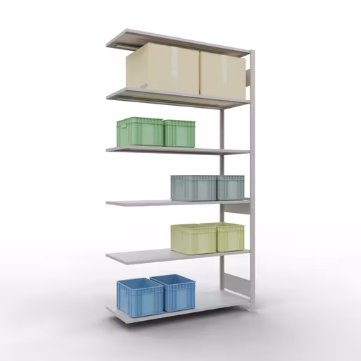 Andere Ansicht des Artikels Anbauregal, Fachbodenregal Stecksystem MULTIplus150, 2500 x 1300 x 500 mm (HxBxT), 6 Fachböden, Längenriegel, RAL 7035 lichtgrau aus der Kategorie Anbauregal