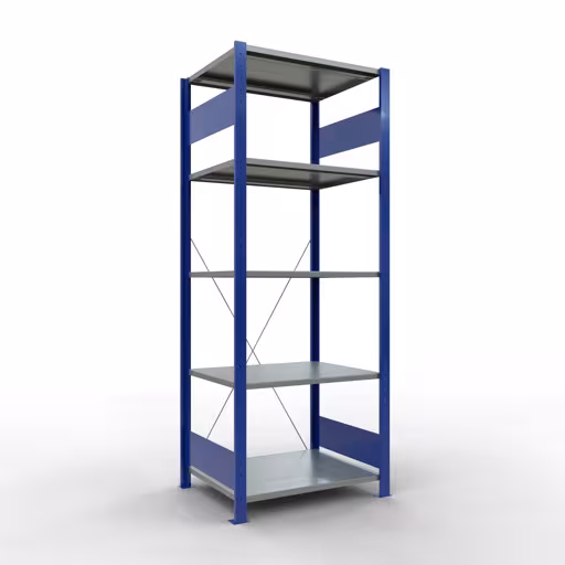 Grundregal, Fachbodenregal Stecksystem MULTIplus150, 2000 x 750 x 600 mm (HxBxT), 5 Fachböden, Kreuzstrebe, RAL 5010 enzianblau/verzinkt/verzinkt aus der Kategorie Grundregal mit der Artikelnummer 12760-75-B