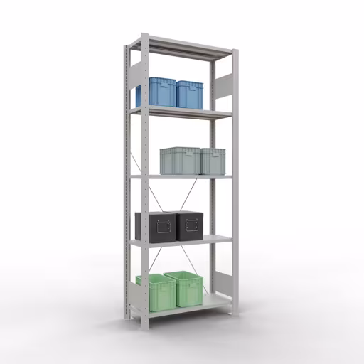 Grundregal, Fachbodenregal Stecksystem MULTIplus150, 2000 x 750 x 300 mm (HxBxT), 5 Fachböden, Kreuzstrebe, RAL 7035 lichtgrau von Schulte Lagertechnik aus der Kategorie Stecksystem