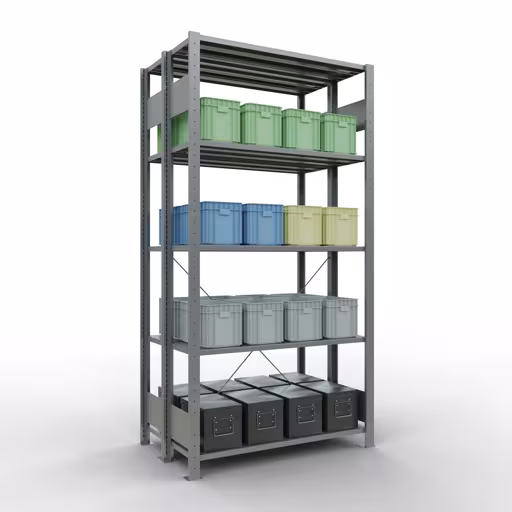 Abbildung Nr 11 des Artikels Grundregal, Doppelregal, Fachbodenregal Stecksystem MULTIplus150, 2000 x 1000 x (2x300) mm (HxBxT), 2x5 Fachböden, Kreuzstrebe, verzinkt aus der Produktgruppe Fachbodenregale von der Marke Schulte Lagertechnik