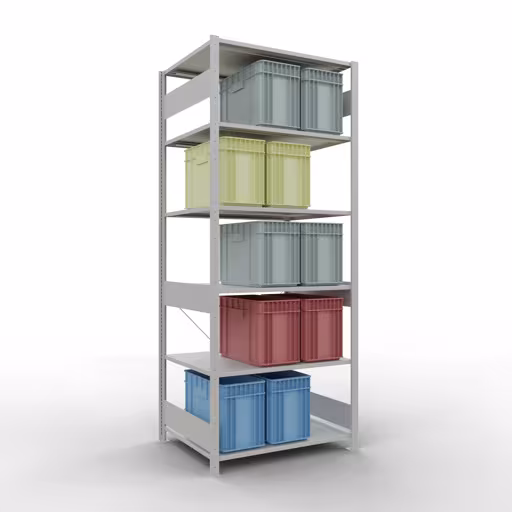 Grundregal, Fachbodenregal Stecksystem MULTIplus150, 2500 x 1000 x 800 mm (HxBxT), 6 Fachböden, Kreuzstrebe, RAL 7035 lichtgrau aus der Kategorie Grundregal mit der GTIN 4004514222589 Grundregal, Fachbodenregal Stecksystem MULTIplus150, 2500 x 1000 x 800 mm (HxBxT), 6 Fachböden, Kreuzstrebe, RAL 7035 lichtgrau von der Marke Schulte Lagertechnik aus der Produktreihe Stecksystem