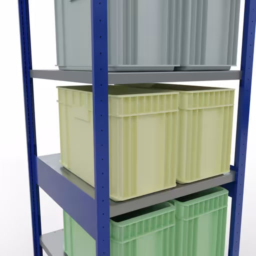 Zusatzbild des Artikels Grundregal, Fachbodenregal Stecksystem MULTIplus250, 2500 x 750 x 800 mm (HxBxT), 6 Fachböden, Längenriegel, RAL 5010 enzianblau/verzinkt/verzinkt aus Grundregal