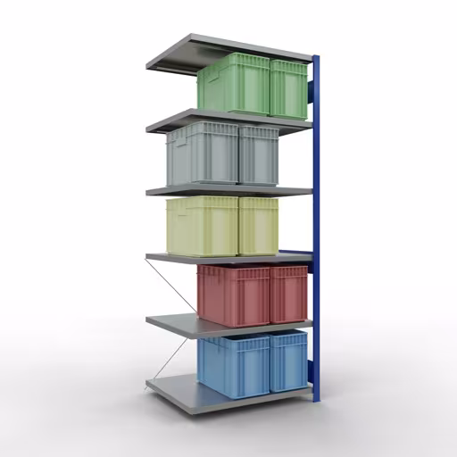 Anbauregal, Fachbodenregal Stecksystem MULTIplus250, 2500 x 1000 x 800 mm (HxBxT), 6 Fachböden, Kreuzstrebe, RAL 5010 enzianblau/verzinkt von der Marke Schulte Lagertechnik aus der Produktreihe Stecksystem