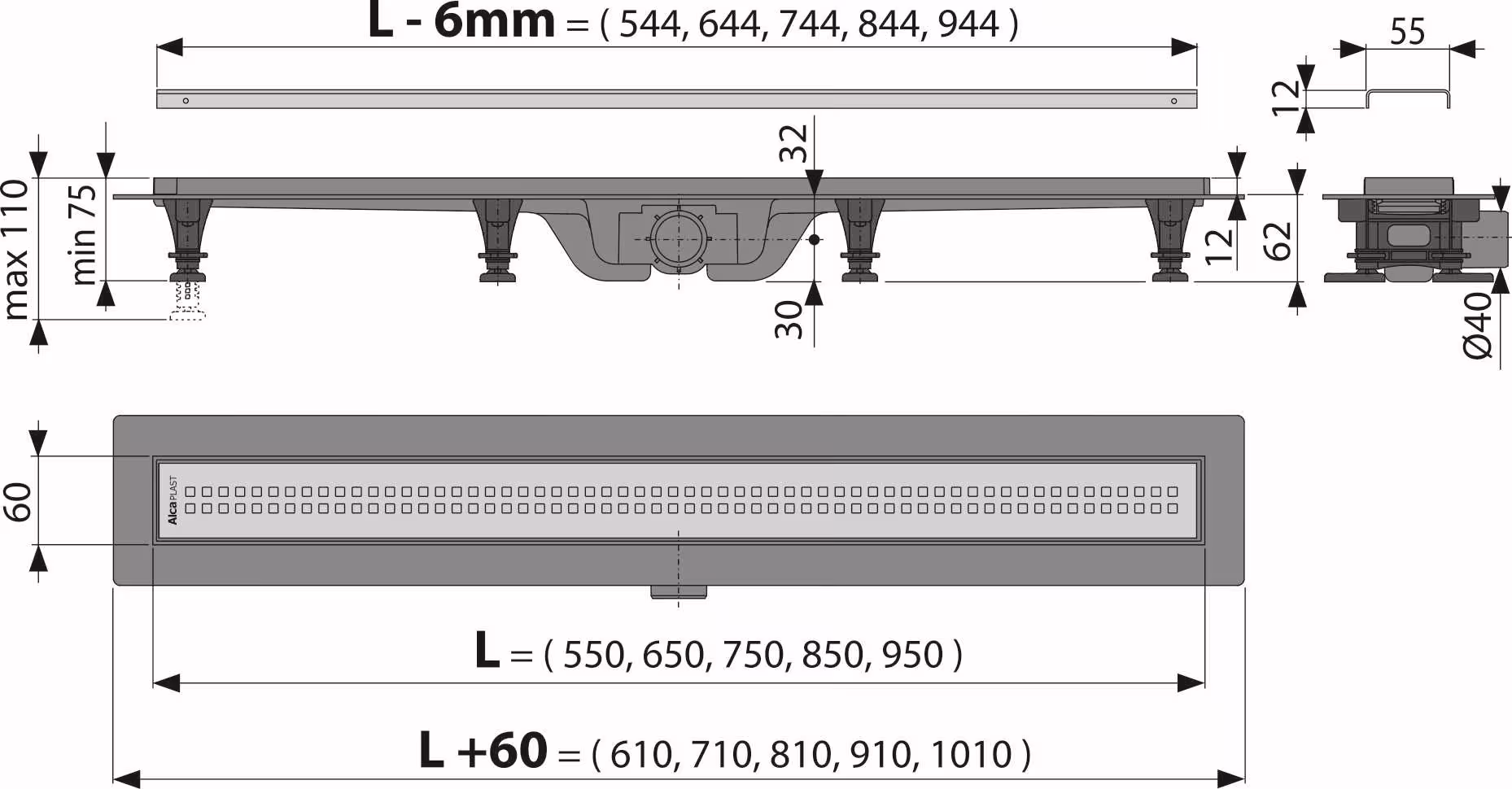Bodenablaufrinne Duschrinne "No.9" Duschablauf inkl. Edelstahlrost Rostlänge 850mm von HoWaTech mit der Artikelnr. PP985