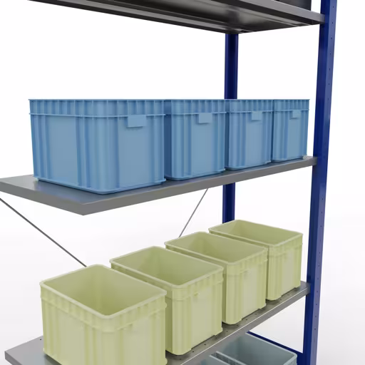 Abbildung Nr 16 des Artikels Anbauregal, Fachbodenregal Stecksystem MULTIplus85, 2000 x 1000 x 400 mm (HxBxT), 5 Fachböden, Kreuzstrebe, RAL 5010 enzianblau aus der Produktgruppe Stecksystem von der Marke Schulte Lagertechnik