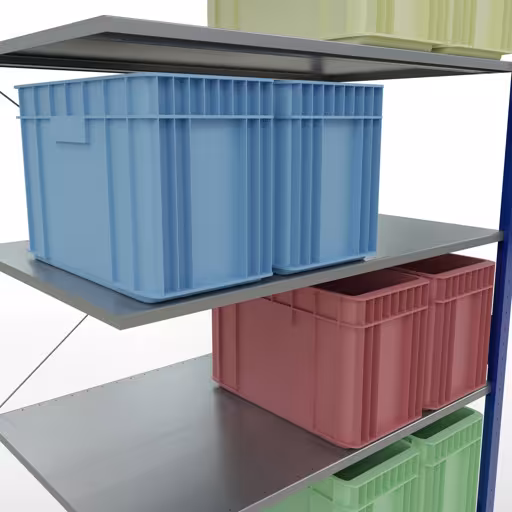 Produktbild Nr.15 des Artikels Anbauregal, Fachbodenregal Stecksystem MULTIplus150, 3000 x 1300 x 800 mm (HxBxT), 7 Fachböden, Kreuzstrebe, RAL 5010 enzianblau/verzinkt aus der Produktreihe Stecksystem von der Marke Schulte Lagertechnik