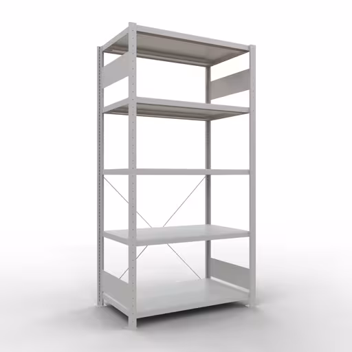 Grundregal, Fachbodenregal Stecksystem MULTIplus250, 2000 x 1000 x 600 mm (HxBxT), 5 Fachböden, Kreuzstrebe, RAL 7035 lichtgrau aus der Kategorie Grundregal mit der Artikelnummer 32860