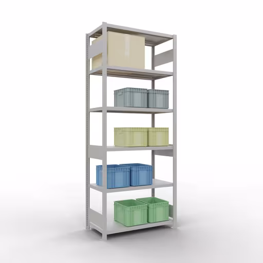 Grundregal, Fachbodenregal Stecksystem MULTIplus330, 2500 x 1000 x 500 mm (HxBxT), 6 Fachböden, Längenriegel, RAL 7035 lichtgrau von Schulte Lagertechnik mit der Artikelnr. 33851-LR