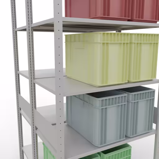 Produktbild Nr.8 des Artikels Grundregal, Doppelregal, Fachbodenregal Stecksystem MULTIplus150, 3000 x 1000 x (2x600) mm (HxBxT), 2x7 Fachböden, Längenriegel, RAL 7035 lichtgrau aus der Produktreihe Fachbodenregale von der Marke Schulte Lagertechnik