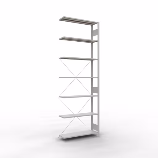 Anbauregal, Fachbodenregal Stecksystem MULTIplus150, 3000 x 1000 x 300 mm (HxBxT), 7 Fachböden, Kreuzstrebe, RAL 7035 lichtgrau aus der Kategorie Anbauregal mit der Artikelnummer 32637