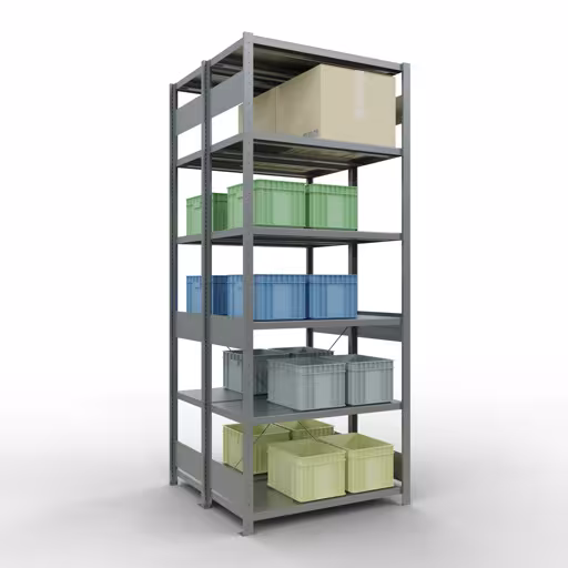 Produktbild Nr.6 des Artikels Grundregal, Doppelregal, Fachbodenregal Stecksystem MULTIplus250, 2500 x 1000 x (2x500) mm (HxBxT), 2x6 Fachböden, Kreuzstrebe, verzinkt aus der Produktreihe Fachbodenregale von der Marke Schulte Lagertechnik