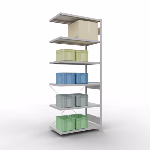 Abbildung Nr 12 des Artikels Anbauregal, Fachbodenregal Stecksystem MULTIplus330, 2500 x 1000 x 600 mm (HxBxT), 6 Fachböden, Kreuzstrebe, RAL 7035 lichtgrau aus der Produktgruppe Stecksystem von der Marke Schulte Lagertechnik