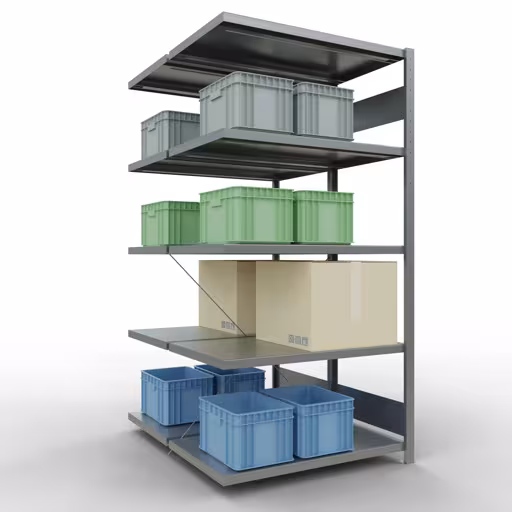 Anbauregal, Doppelregal, Fachbodenregal Stecksystem MULTIplus250, 2000 x 1000 x (2x600) mm (HxBxT), 2x5 Fachböden, Kreuzstrebe, verzinkt von Schulte Lagertechnik mit der Artikelnr. 14265-A