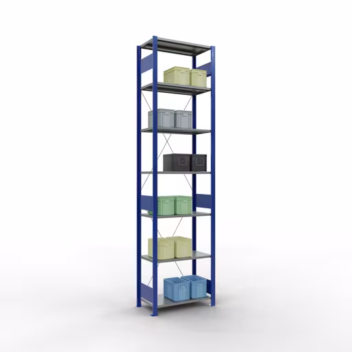 Grundregal, Fachbodenregal Stecksystem MULTIplus150, 3000 x 750 x 400 mm (HxBxT), 7 Fachböden, Kreuzstrebe, RAL 5010 enzianblau/verzinkt/verzinkt von der Marke Schulte Lagertechnik aus der Produktreihe Stecksystem