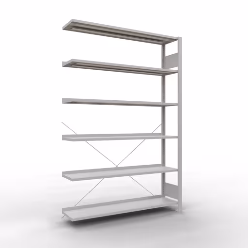 Anbauregal, Büro-Fachbodenregal Stecksystem MULTIplus85, 2000 x 1300 x 300 mm (HxBxT), 6 Fachböden, Kreuzstrebe, mit Anschlagleiste, lichtgrau aus der Kategorie Stecksystem mit der Artikelnummer 36011