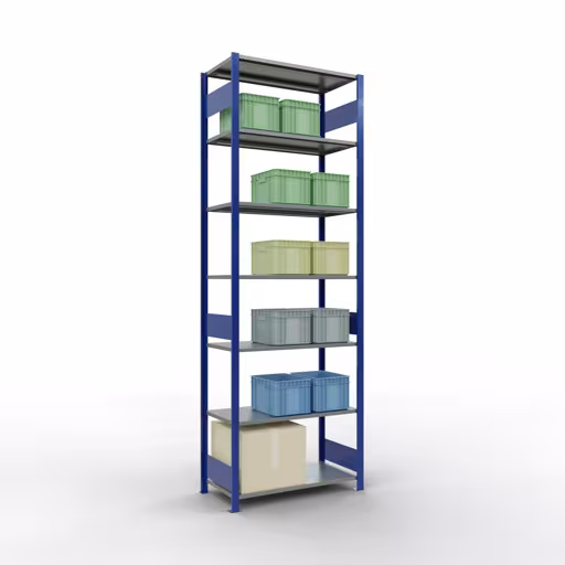 Zusatzbild des Artikels Grundregal, Fachbodenregal Stecksystem MULTIplus150, 3000 x 1000 x 500 mm (HxBxT), 7 Fachböden, Längenriegel, RAL 5010 enzianblau/verzinkt aus Grundregal