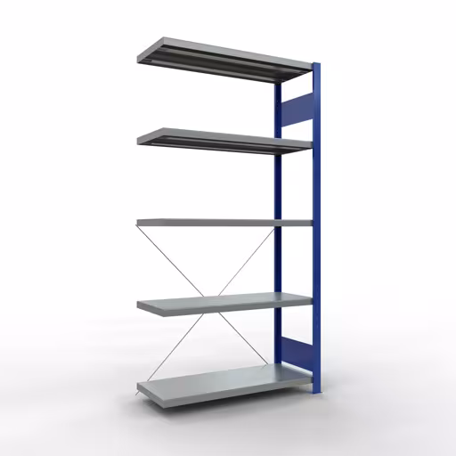 Anbauregal, Fachbodenregal Stecksystem MULTIplus250, 2000 x 1000 x 400 mm (HxBxT), 5 Fachböden, Kreuzstrebe, RAL 5010 enzianblau/verzinkt aus der Kategorie Anbauregal mit der Artikelnummer 12945-B