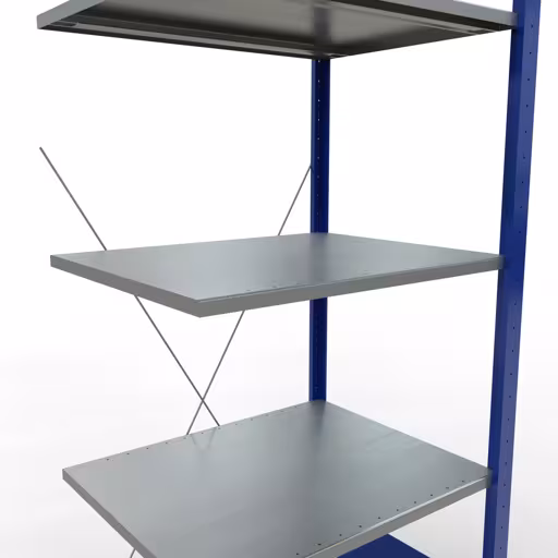 Produktbild Nr.7 des Artikels Anbauregal, Fachbodenregal Stecksystem MULTIplus150, 2000 x 750 x 600 mm (HxBxT), 5 Fachböden, Kreuzstrebe, RAL 5010 enzianblau/verzinkt/verzinkt aus der Produktreihe Stecksystem von der Marke Schulte Lagertechnik