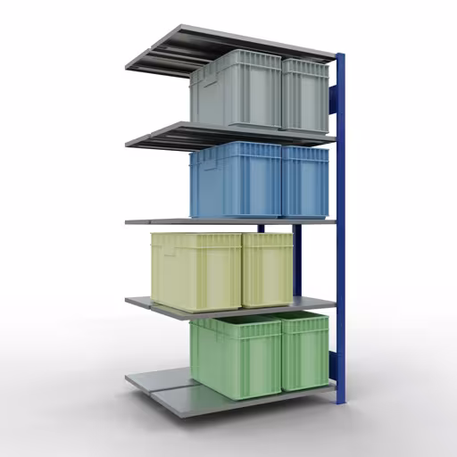Produktbild Nr.6 des Artikels Anbauregal, Doppelregal, Fachbodenregal Stecksystem MULTIplus150, 2000 x 1000 x (2x400) mm (HxBxT), 2x5 Fachböden, Längenriegel, RAL 5010 enzianblau aus der Produktreihe Fachbodenregale von der Marke Schulte Lagertechnik