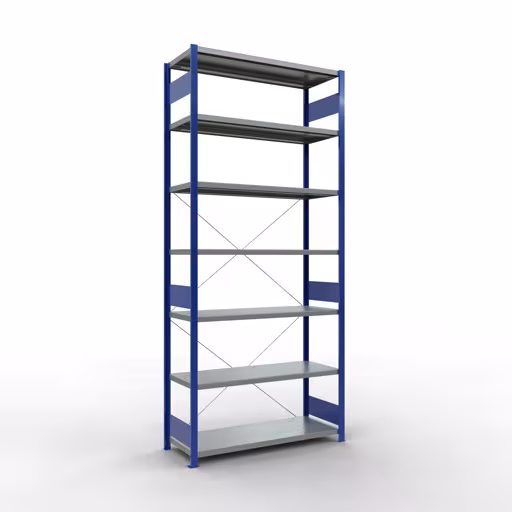 Grundregal, Fachbodenregal Stecksystem MULTIplus250, 3000 x 1300 x 500 mm (HxBxT), 7 Fachböden, Kreuzstrebe, RAL 5010 enzianblau/verzinkt aus der Kategorie Grundregal mit der Artikelnummer 12952-130-B