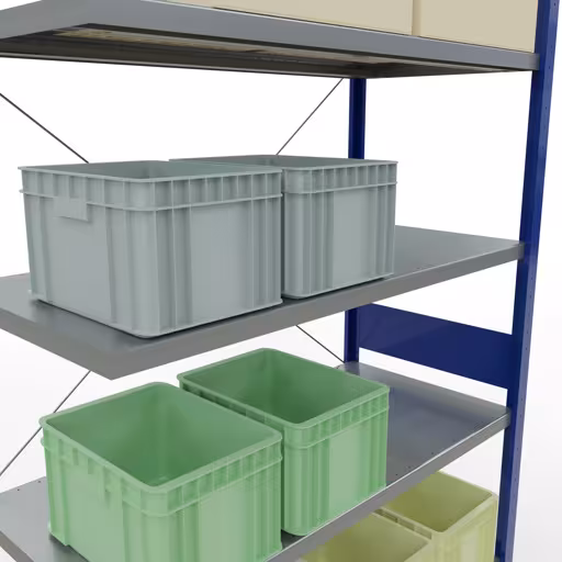 Produktbild Nr 15 des Artikels Anbauregal, Fachbodenregal Stecksystem MULTIplus250, 3000 x 1300 x 600 mm (HxBxT), 7 Fachböden, Kreuzstrebe, RAL 5010 enzianblau/verzinkt Abbildung Nr 15 des Artikels Anbauregal, Fachbodenregal Stecksystem MULTIplus250, 3000 x 1300 x 600 mm (HxBxT), 7 Fachböden, Kreuzstrebe, RAL 5010 enzianblau/verzinkt aus der Produktgruppe Stecksystem von der Marke Schulte Lagertechnik