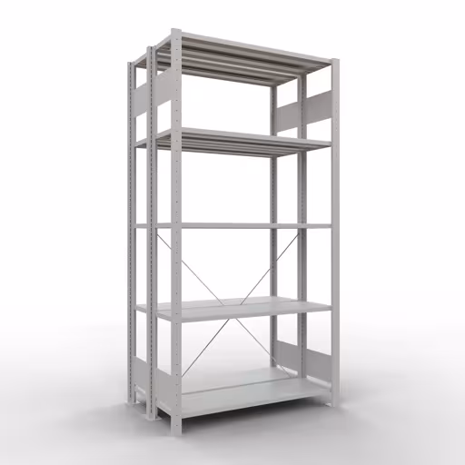 Grundregal, Doppelregal, Fachbodenregal Stecksystem MULTIplus150, 2000 x 1000 x (2x300) mm (HxBxT), 2x5 Fachböden, Kreuzstrebe, RAL 7035 lichtgrau aus der Kategorie Doppelregale mit der Artikelnummer 32730