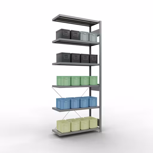 Produktbild Nr 12 des Artikels Anbauregal, Fachbodenregal Stecksystem MULTIplus330, 2500 x 1000 x 400 mm (HxBxT), 6 Fachböden, Kreuzstrebe, verzinkt Abbildung Nr 12 des Artikels Anbauregal, Fachbodenregal Stecksystem MULTIplus330, 2500 x 1000 x 400 mm (HxBxT), 6 Fachböden, Kreuzstrebe, verzinkt aus der Produktgruppe Stecksystem von der Marke Schulte Lagertechnik