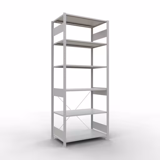Grundregal, Fachbodenregal Stecksystem MULTIplus85, 2500 x 1000 x 600 mm (HxBxT), 6 Fachböden, Kreuzstrebe, RAL 7035 lichtgrau aus der Kategorie Grundregal mit der Artikelnummer 33061